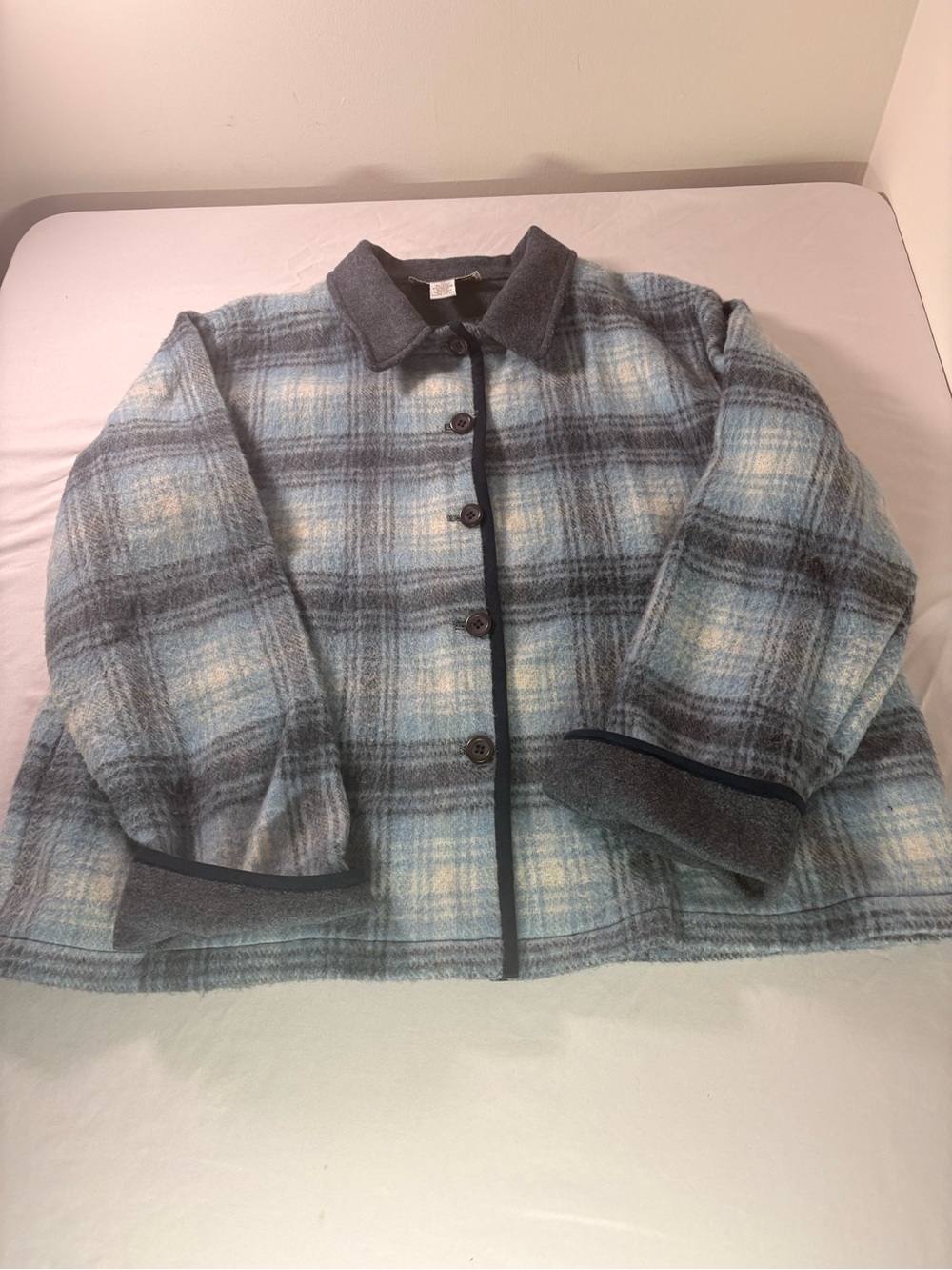 Womens Blue Plaid Button-Front Wool Blend Jacket